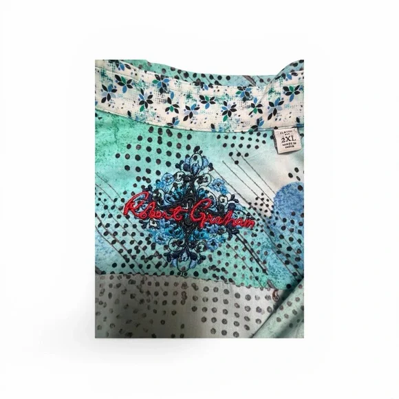 Robert Graham Aqua and Navy Geometric Dress Shirt - Picture 5 of 5